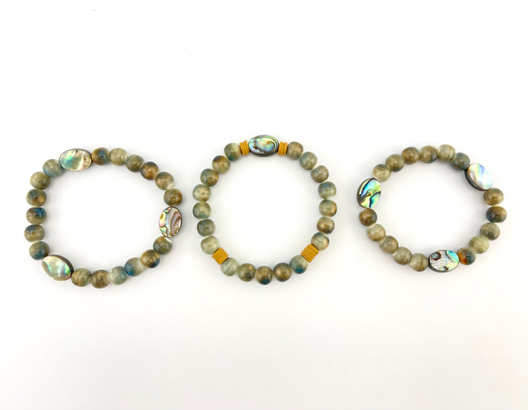 Ceramic and abalone bracelet stack