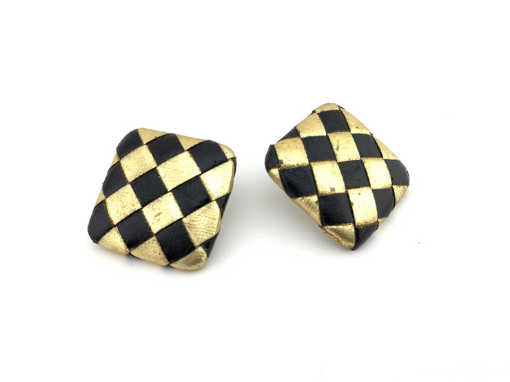 Black and gold weaved checked vintage earrings